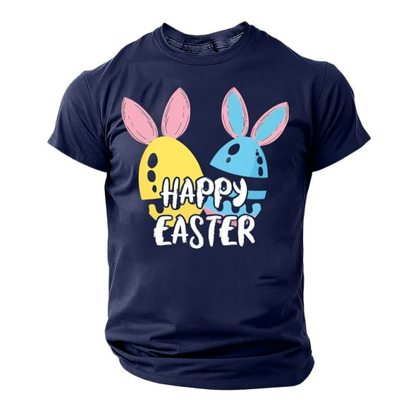 Plus Size Shirts for Men under $5 Short Sleeve Crew-neck Easter Eggs Rabbit Print Top Shirt Navy S