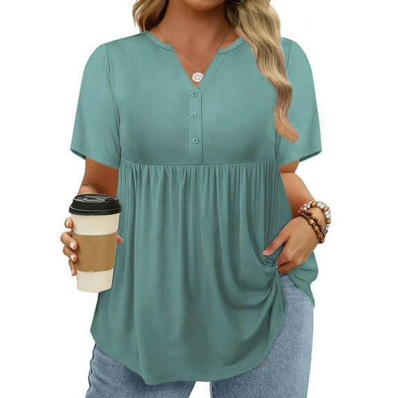 Plus Size Shirts for Women 2X Summer Button Up Tops Loose Fit Henley Dressy Trendy Notched Neck Tees Pea Green