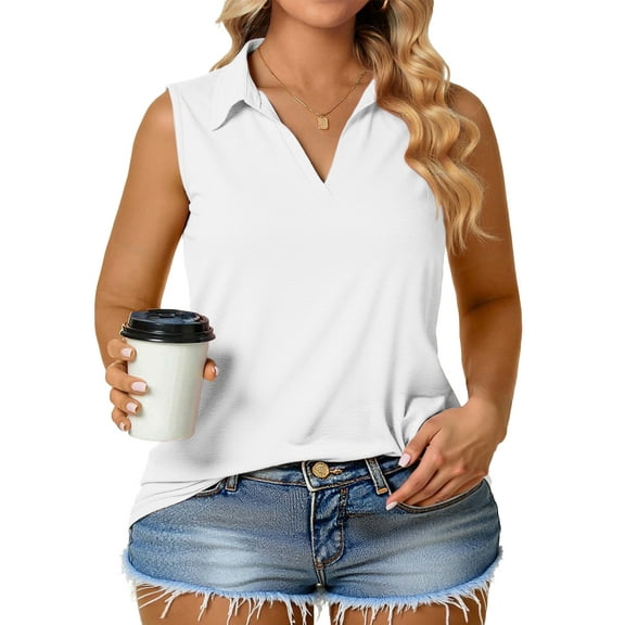 Plus Size Shirts for Women 3X Chic V Neck Tops Cute Sleeveless Collared Polo Tank White