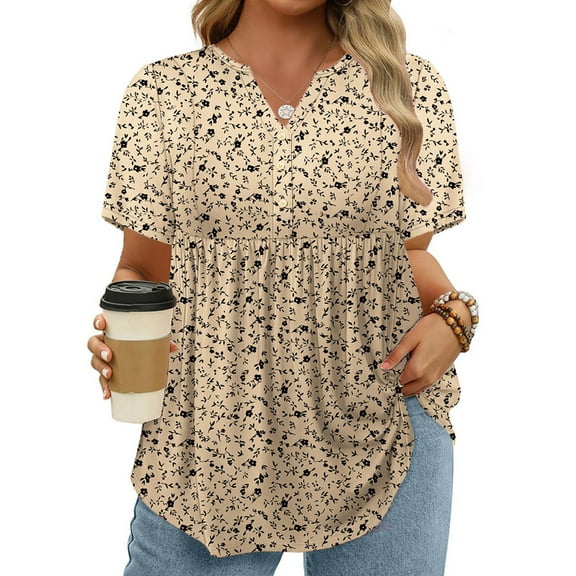 Plus Size Shirts for Women 3X Summer Button Tops Loose Fit V Neck Trendy Dressy Short Sleeve Floral Tunics YH001