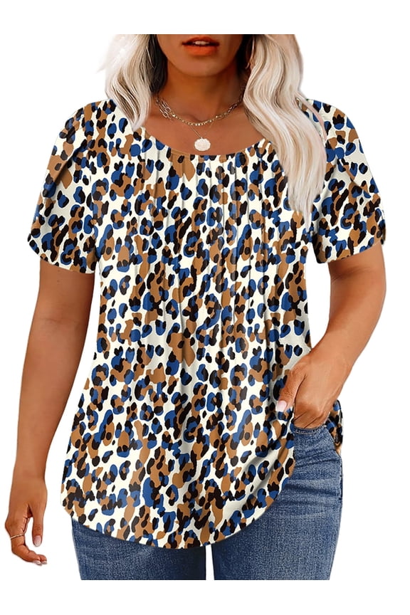 Plus Size Shirts for Women 3X Summer Crew Neck Tops Loose Fit Petal Sleeve Dressy Cute Leopard Print Tunics YH003