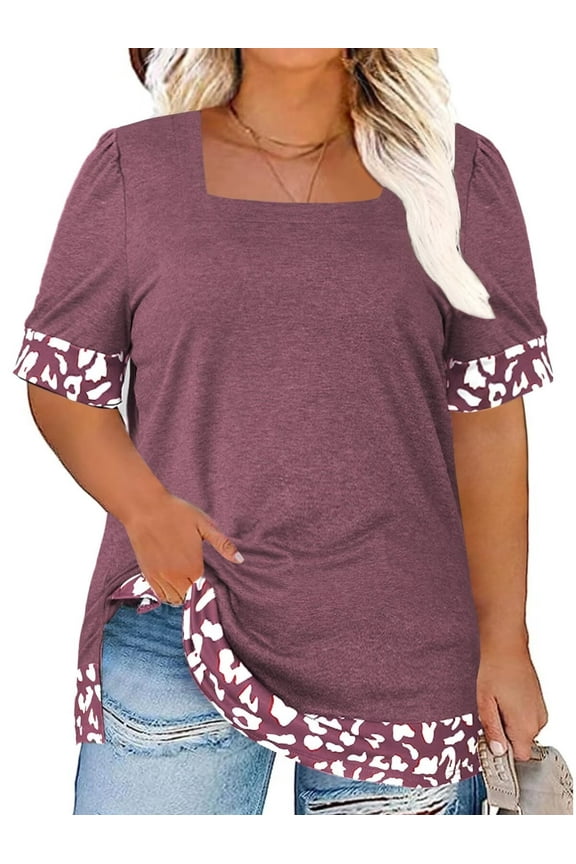 Plus Size Shirts for Women Business Casual Cow Print Color Block Dressy Short Sleeve Tunic Wine Red XL