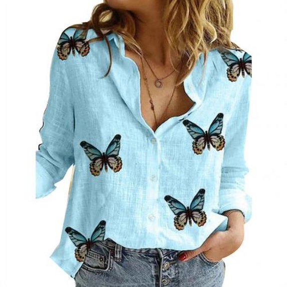Plus Size Shirts for Women Butterfly Print Long Sleeve Turn Down Collar Women Blouses Shirts Loose Casual Ladies Top Blouses