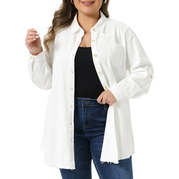 Plus Size Shirts for Women Chambray Top Button Down Denim Shirts Tops 2025 1X White