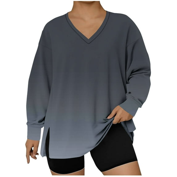 Plus Size Shirts for Women Oversized Long Sleeve V Neck Tshirts Casual Slit Hem Loose Fit Pullover Tunic Tops (XL, Navy)