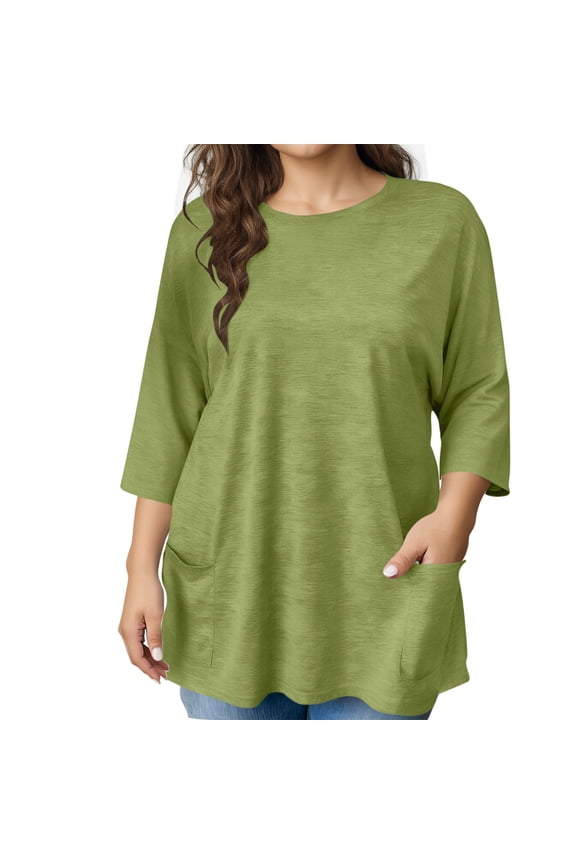 Plus Size Shirts for Women Round Neck Tunic Tops Casual Loose 3/4 Sleeve Swing Flowy Blouse with Pockets