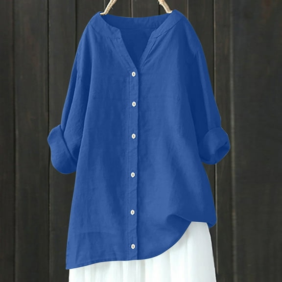 Plus Size Shirts for Women S-5X Button Up V Neck Long Sleeve Tops Ladies Casual Solid Lightweight Baggy Cotton Linen Business Work Blouses