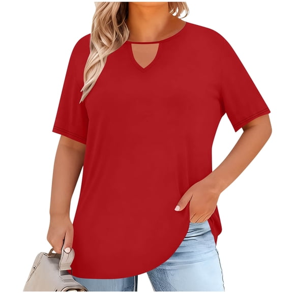 Plus Size Shirts for Women Short Sleeve Tops Dressy Casual Hollow Out V Neck T-Shirt Solid Color Summer Tops Comfy Blouses for Women Loose Fit