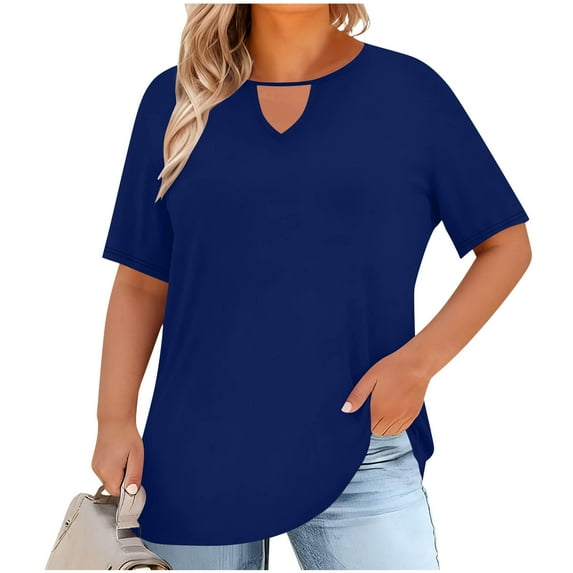 Plus Size Shirts for Women Short Sleeve Tops Dressy Casual Hollow Out V Neck T-Shirt Solid Color Summer Tops Comfy Blouses for Women Loose Fit