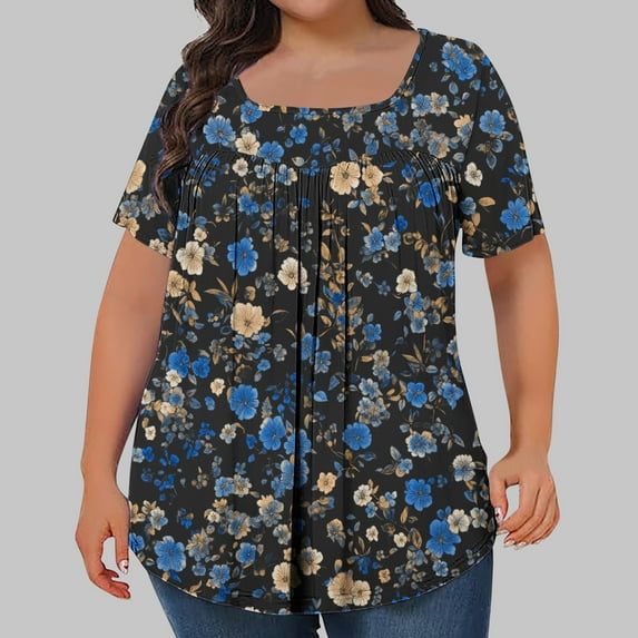Plus Size Shirts for Women Square Neck Tunic Pleated Tees Floral Shirts Short Sleeve Loose Fit Ruffle Lounge Tops Clearance,L-5XL