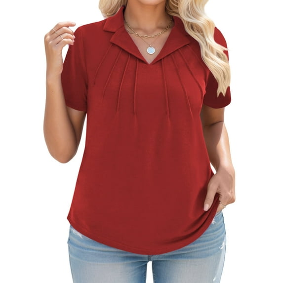 Plus Size Shirts for Women Trendy Polo Blouses Lightweight V Neck Tops Red Pleated Short Sleeve Tunics 2XL