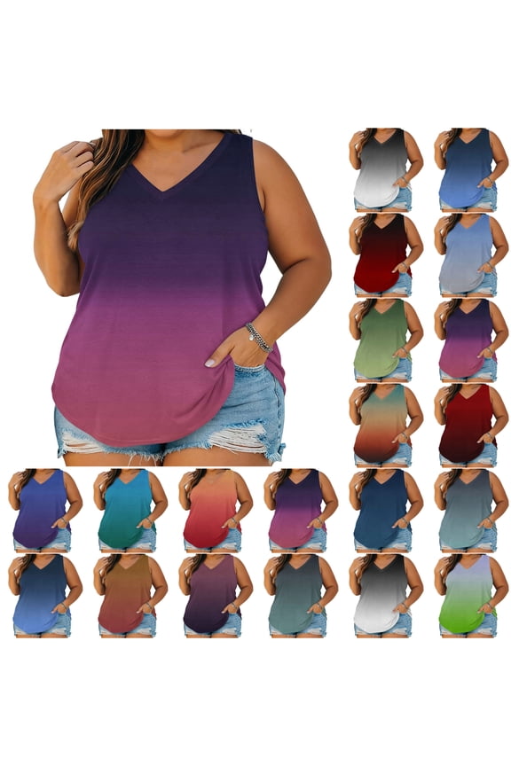 Plus Size Shirts for Women V Neck Sleeveless Tank Top Gradient Color Print Casual Summer Loose Fit Fashion Blouse Everyday Wear