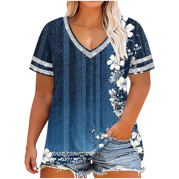 Plus Size Shirts for Women Vintage Floral Print V-Neck Top Short Sleeve Loose Blouse Casual Summer Tops Trendy Outfits 2026