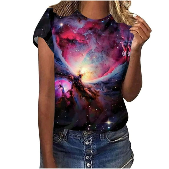 Plus Size Shirts for Womens Casual Short Sleeve Tops Trendy Galaxy Print Tunic Loose Cozy Tee Shirt