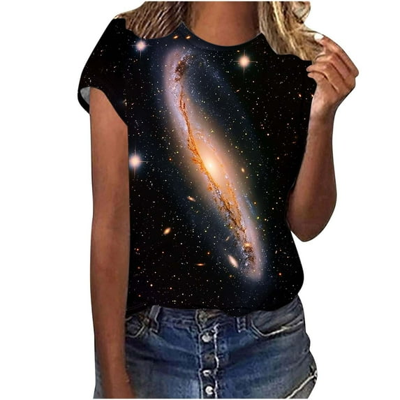 Plus Size Shirts for Womens Casual Short Sleeve Tops Trendy Galaxy Print Tunic Loose Cozy Tee Shirt