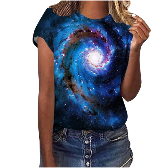 Plus Size Shirts for Womens Casual Short Sleeve Tops Trendy Galaxy Print Tunic Loose Cozy Tee Shirt