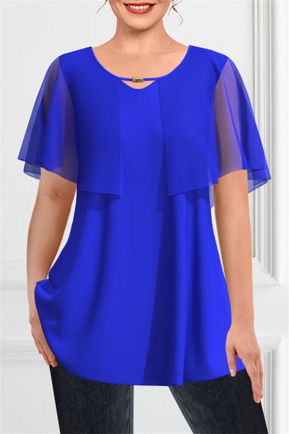 Plus Size Short Sleeve Blouses Dressy Casual Double Layers Mesh Ruffle Sleeve Loose Flowy Tunic Tops