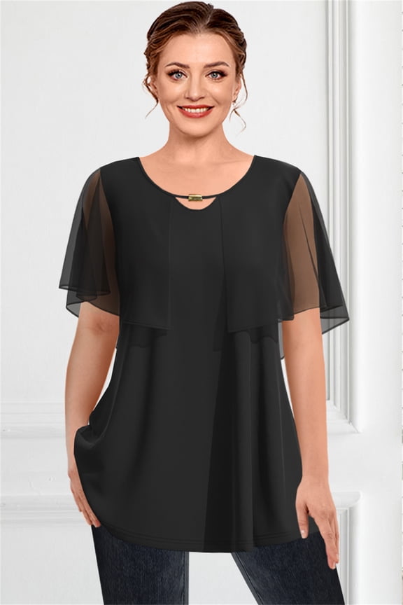 Plus Size Short Sleeve Blouses Dressy Casual Double Layers Mesh Ruffle Sleeve Loose Flowy Tunic Tops