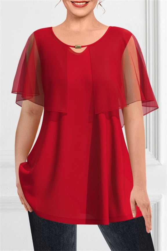 Plus Size Short Sleeve Blouses Dressy Casual Double Layers Mesh Ruffle Sleeve Loose Flowy Tunic Tops