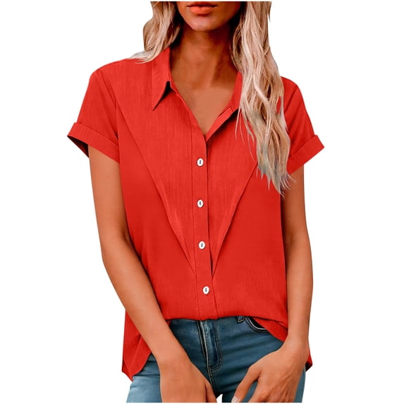 Cloaraye Plus Size Short Sleeve Button Up Shirts Women Summer Tops Casual Solid Color V Neck Lapel Linen T-Shirt Blouse