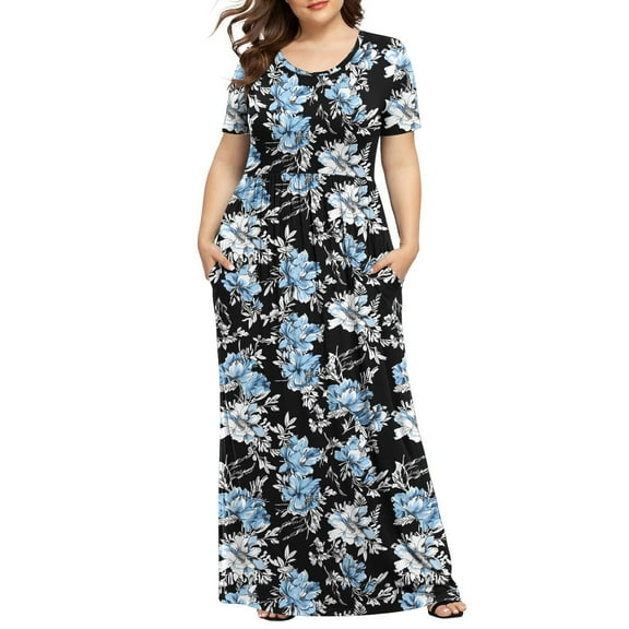 Plus Size Short Sleeve Dress for Women Fashion Print Maxi Dress Loose Fit Cotton Lightweight Dress Casual Long Dresses with Pockets Outlet