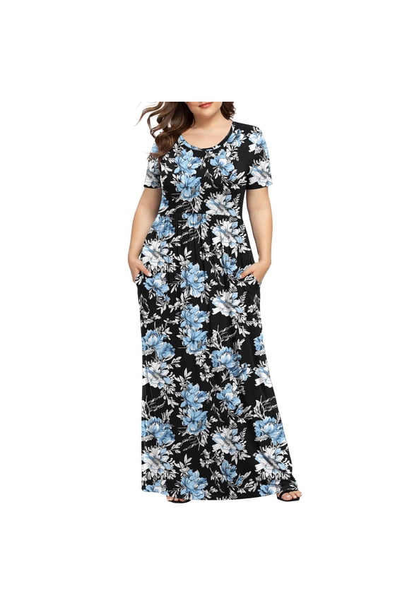 Plus Size Short Sleeve Dress for Women Fashion Print Maxi Dress Loose Fit Cotton Lightweight Dress Casual Long Dresses with Pockets Outlet