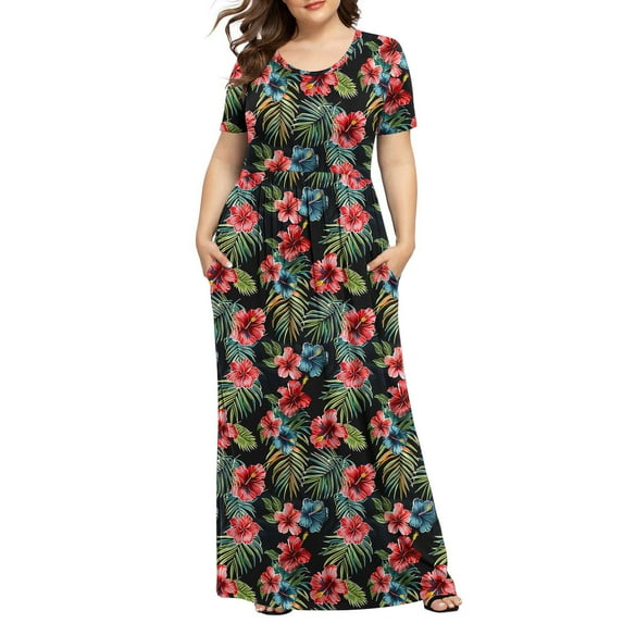 Plus Size Short Sleeve Dress for Women Fashion Print Maxi Dress Loose Fit Cotton Lightweight Dress Casual Long Dresses with Pockets Outlet