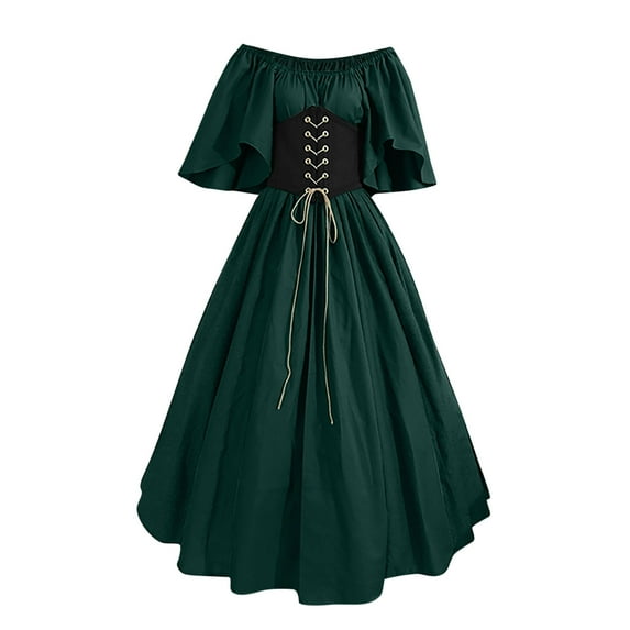 Viikei Plus Size Short Sleeve Dress for Women O-Neck Flare Sleeve off Shoulder Medieval Vintage Dress with Corset Patchwork Ball Gown