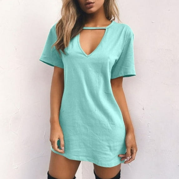 Viikei Plus Size Short Sleeve Dress for WomenO-Neck Mid-length Solid Color Dresses
