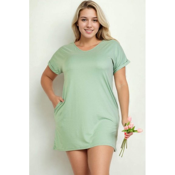 Plus Size Short Sleeve Pocket Mini Dress