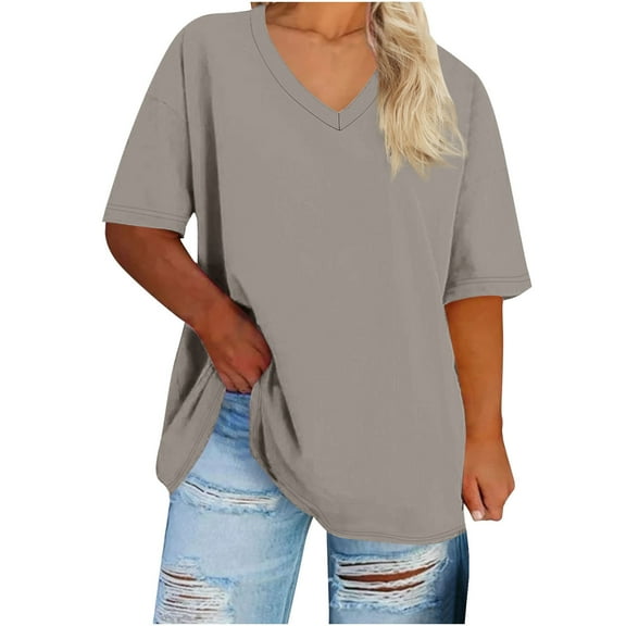 Plus Size Short Sleeve Shirt for Women Solid Color V Neck Loose Fit Spring Summer Casual Tees Basic Going Out Blouse