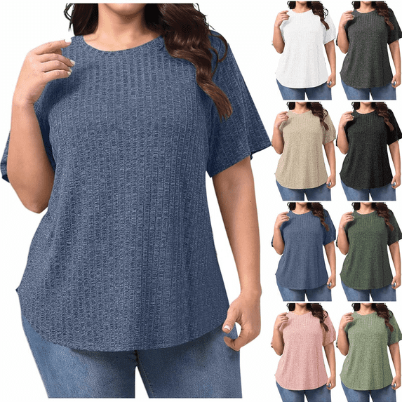 Plus Size Short Sleeve Shirts for Women Solid Color Crewneck Knitted T-Shirt Casual Loose Basic Tees Summer Everyday Womens Tops