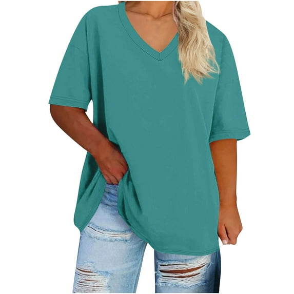 Plus Size Short Sleeve Shirts for Women V Neck Solid Color Tee Tops Casual Loose Fit Blouses Summer Outfits