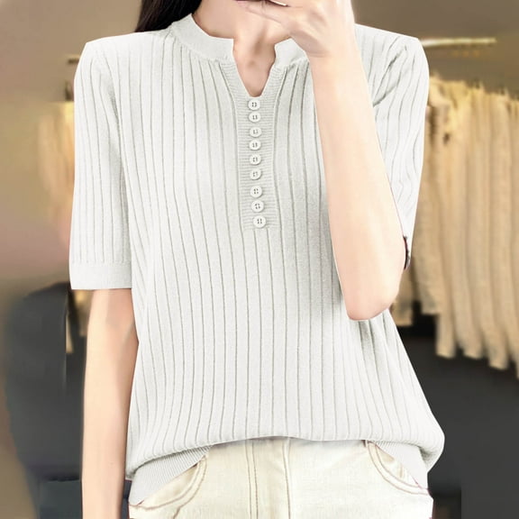 Plus Size Short Sleeve Shirts for Women, Xunlbb Fashion Women's Casual Solid Color Knit Short Sleeve V-Neck Blouses Shirts(White,M)