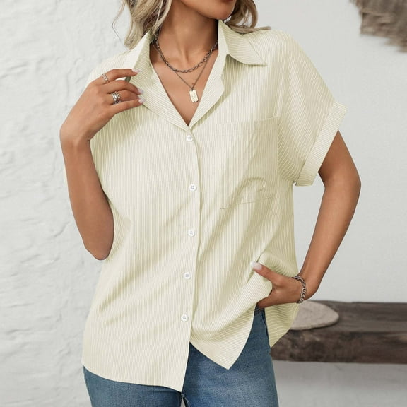 Plus Size Short Sleeve Shirts for Women, Xunlbb Women's Fashion Fashion Loose Short Sleeve Lapel Pocket Casual Striped Shirt(Yellow,XL)