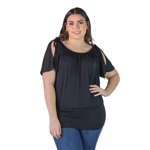 Plus Size Short Sleeve Split Shoulder Banded Top