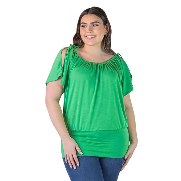 Plus Size Short Sleeve Split Shoulder Banded Top