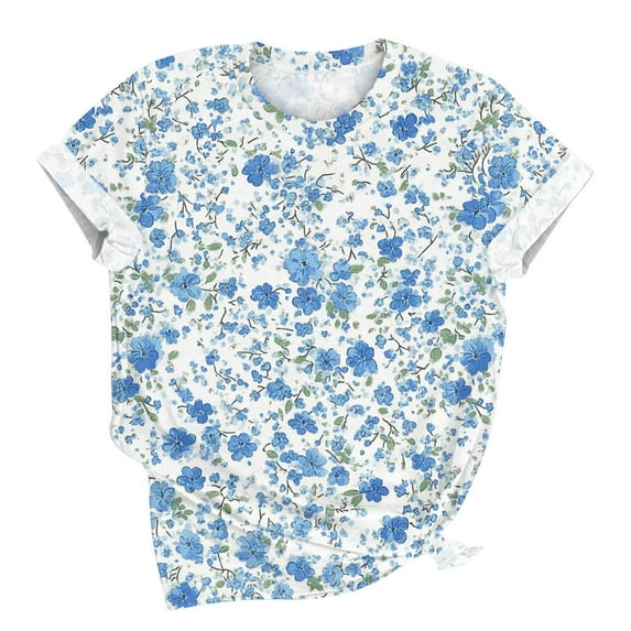 Plus Size Short Sleeve T-shirts for Women Floral Printed Graphic Tee Crew Neck Loose Fit Summer Casual Tops (3XL, Blue)