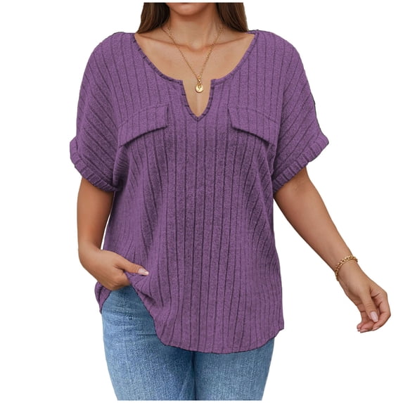 Plus Size Short Sleeve Tops Women Loose Fit Soft Ribbed Knit Casual V Neck Tunic T-shirts with Faux Pocket (3XL, Purple)