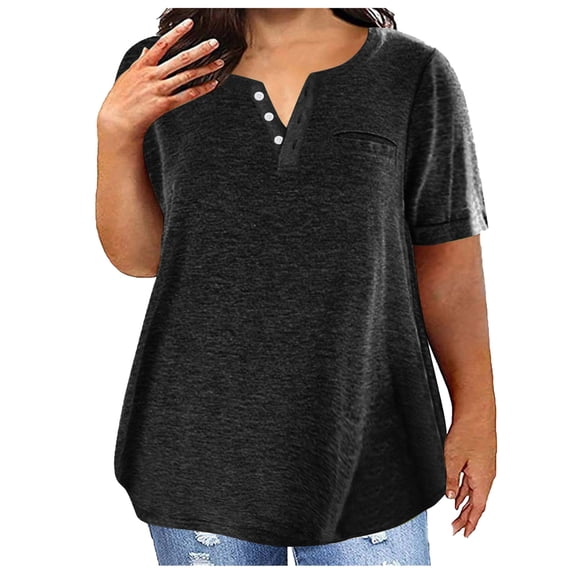 Plus Size Short Sleeve Tops Women Soft Cotton T-Shirts V Neck Curved Hem Loose Summer Basic Tee Tshirts, 2XL Black #A
