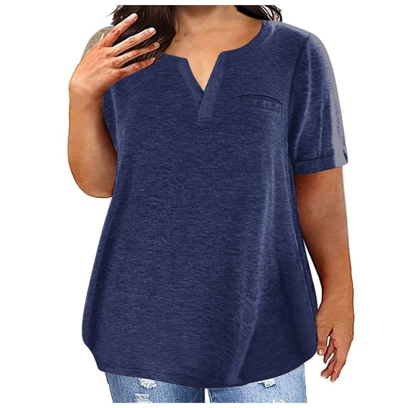 Plus Size Short Sleeve Tops Women Soft Cotton T-Shirts V Neck Curved Hem Loose Summer Basic Tee Tshirts, 4XL Dark Blue