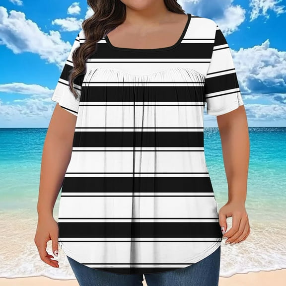 Plus Size Short Sleeve Tops Womens 1X-5X Square Neck Striped Summer Loose Tunic Tee Shirts with Pleats (L, Black)