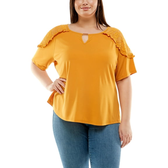 Plus Size Short Sleeve With Lace Shoulders Top Golden-Tone Glow 2X