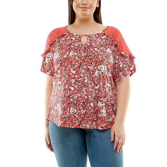 Plus Size Short Sleeve With Lace Shoulders Top Leopard Floral 3X