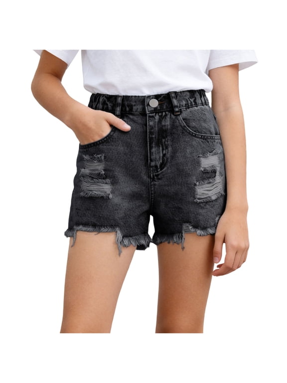 Plus Size Shorts Denim Girls Ripped Jean Shorts 5-14Y, Y2K Vintage Mid Waist Straight Leg Denim Shorts with Elastic Waistband & Frayed Hem