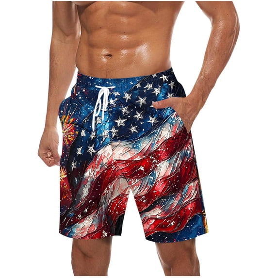 Plus Size Shorts for Men Independence Day Beach Shorts Usa Flag Star Stripe Bermuda Shorts Drawstring Elastic Waist High Waisted Sweatpants Causal Retro Golf Joggers Pants