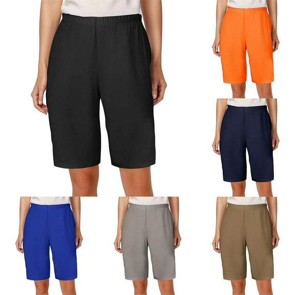 Plus Size Shorts Women Stretch Waistable Basic Solid Color Elastic High Waist Plus Size Capris Womens Shorts Casual Blue L