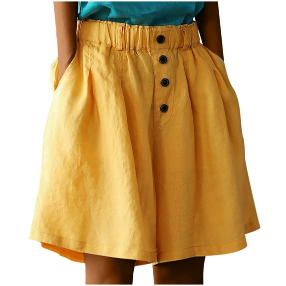 Plus Size Shorts for Women Comfy Cotton Linen Lightweight Elastic Waist Pockets Knee Length Wide Leg Short Pants (X-Large, Yellow 01)