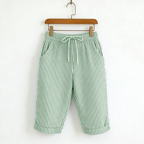 Womens Summer Shorts with Pockets 100% Cotton Stripe Elastic Loose Straight Half Shorts