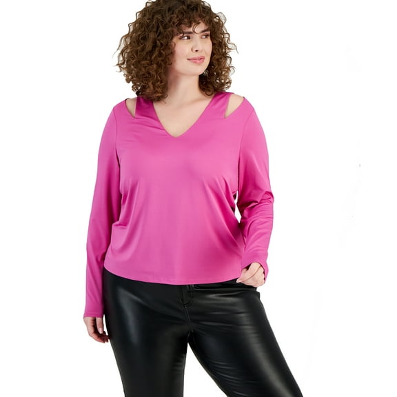Plus Size Shoulder-Cutout Long-Sleeve V-Neck Top Pink Orchid 0X
